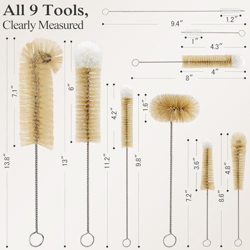 MASTERTOP 9 Pieces Bottle Brush Set - Long Water Bottle and Straw Brush Cleaning Set BPA Free Bottle Cleaner Brush for Baby Bottle Pipes Coffee Grinder Teapot Narrow Neck Wide Mouth Water Bottles