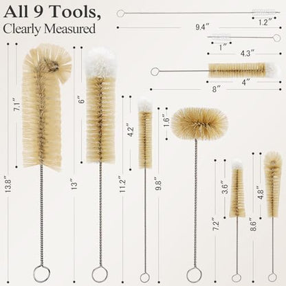 MASTERTOP 9 Pieces Bottle Brush Set - Long Water Bottle and Straw Brush Cleaning Set BPA Free Bottle Cleaner Brush for Baby Bottle Pipes Coffee Grinder Teapot Narrow Neck Wide Mouth Water Bottles