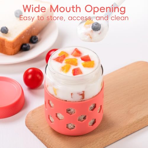 Gemice 6-Pack 16 oz Overnight Oats Containers with Lids and Silicone Sleeves, Glass Mason Jars with Airtight Lid, Dishwasher Safe, Wide Mouth Chia Seed Pudding Meal Prep Jar for Yogurt Berries Snack - color: Pink, size: 16oz, 6-Pack