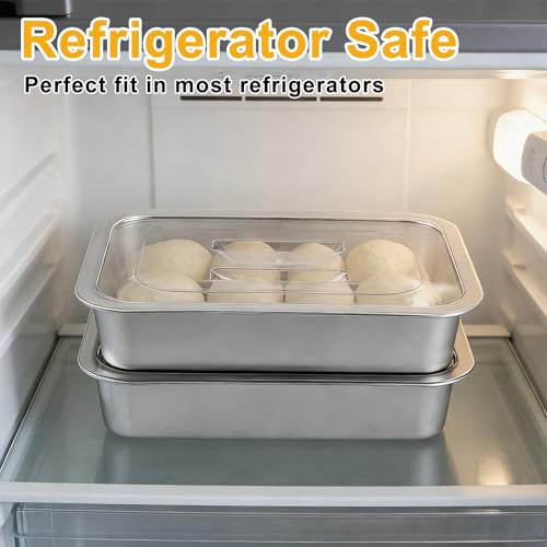 2 Pcs Pizza Dough Proofing Box -14.1x10.6 Inch Stainless Steel Pizza Dough Trays with Clear Lid, Household Pizza Bread Proofing Storage Container, Fits 4-6 Dough Balls