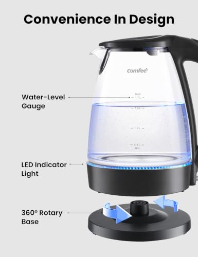 COMFEE' Electric Kettle, 1.7L Hot Water Boiler, 1500W Fast Boil, Glass Electric Tea Kettle with LED Indicator, Auto Shut-Off and Boil-Dry Protection, BPA Free - color: Deep Black, size: 1.8 Quarts