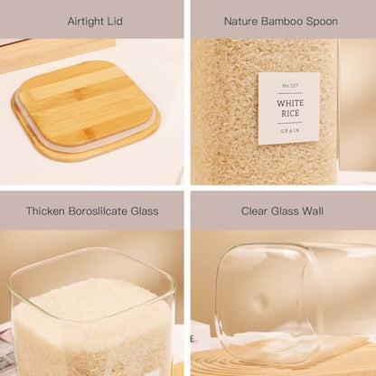2 Pack large Square Glass Flour and Sugar Containers with 132 Kitchen Pantry Labels - 149 floz & 71 floz - Glass Jars with Airtight Bamboo Lid - Glass Rice Canisters for Coffee, Pasta, Cookie, Cereal - size: 149oz/71oz