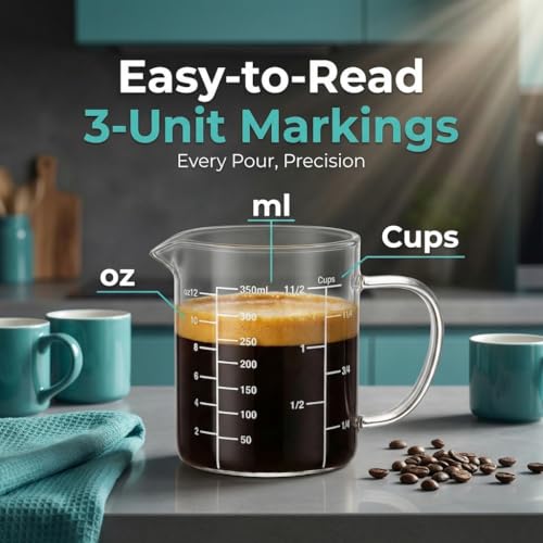 Borosilicate Glass Measuring Cup, 1-1/2 Cup Glass Measuring Cup with Spout, Microwave Safe, Dishwasher Safe, Easy Read Scale for Coffee Brewing, Baking, Cooking, Heating and Meal Prep. - size: 12oz/350ml