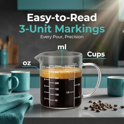 Borosilicate Glass Measuring Cup, 1-1/2 Cup Glass Measuring Cup with Spout, Microwave Safe, Dishwasher Safe, Easy Read Scale for Coffee Brewing, Baking, Cooking, Heating and Meal Prep. - size: 12oz/350ml