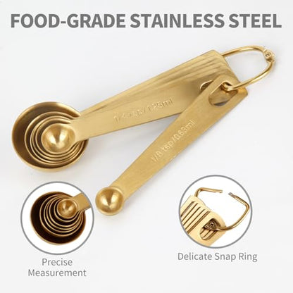 Measuring Spoons,304 Stainless Steel Measuring Cups & Spoon Set of 7 Piece:1Tbsp&1/2Tbsp,1tsp,3/4tsp,1/2tsp,1/4tsp,1/8tsp Teaspoon Coffee Scoop Tablespoon for Dry and Liquid Ingredients,Gold - color: Gold