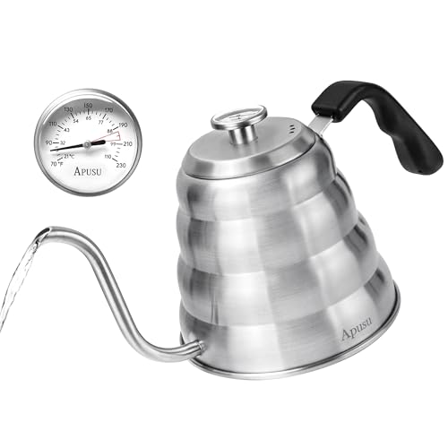 Tea Kettle For Stovetop,Silver,Gooseneck Coffee Pot with Thermometer,40oz | Gooseneck Kettle for Manual Drip Coffee Tea, Stainless Steel Pour Over Kettle,1200ml,6 Cup, 1Pack - color: Silver (with Thermometer), size: 1.3 Quarts