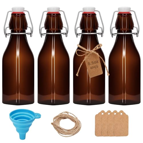 4Pcs 8.5oz square Amber Beer Bottles with Flip Caps,250MLGlass Bottle with Swinging Top for Airtight Lids, Home Brewing and Fermentation Kombucha, Vanilla Extract, Beverage, Water