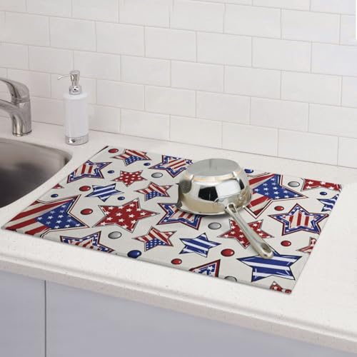 American Flag Stars Microfiber Dish Drying Mat 18x24 Inch - Absorbent Non-Slip & Quick Dry Kitchen Counter Dish Drainer Pad, Rustic Farmhouse Style - color: American Flag Stars2