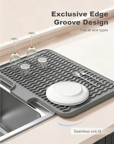 Rnivvi Silicone Dish Drying Mat for Kitchen Counter, 16 x 12" Fast Drainage Dish Rack Pad Drying Mats, Non-Slip Countertop Protector Heat Resistant Trivet, Easy to Clean Sink Drip Pad for Dishes, Gray - color: Gray