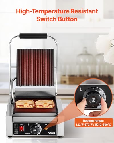 VEVOR Commercial Panini Grill, 1800W Electric Sandwich Panini Maker, Stainless Steel Sandwichs Press Grill with Handle and Temp Control, 8.8x9 in Flat Enamel Plate, for Hamburger Steak Bacon