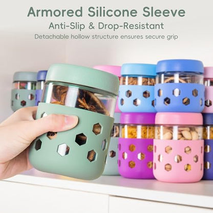 Gemice 6-Pack 16 oz Overnight Oats Containers with Lids and Silicone Sleeves, Glass Mason Jars with Airtight Lid, Dishwasher Safe, Wide Mouth Chia Seed Pudding Meal Prep Jar for Yogurt Berries Snack - color: Pastel Cream, size: 16oz, 6-Pack