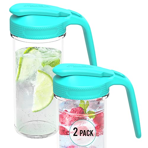 Masontops Multi Pour Top Mason Jar Lid with Handle - Regular Mouth Mason Jar Pour Spout Lid Pourer - Ball Mason Jar Pitcher Lid with Handle and Flip Cap – Glass Mason Jar Pitcher Not included 2 Pack - color: Teal Pitcher, size: Small/Regular Mouth