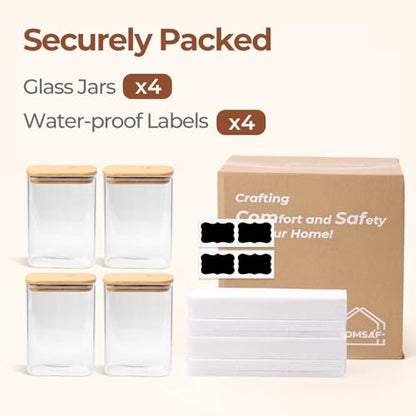 ComSaf 1.2 Qt Rectangle Glass Storage Containers with Lids, Glass Jars with Bamboo Lids, Clear Food Storage Jar, Sugar Coffee Containers, Pantry Container for Pasta Tea Candy Nut - size: 1.2 Qt-4Pcs