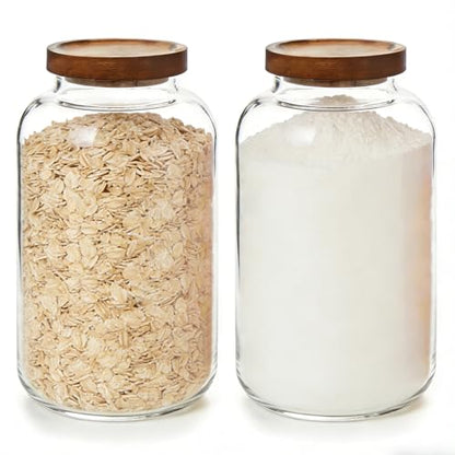 2-Pack Large Glass Flour and Sugar Storage Containers, 95 oz / 2800 ml Airtight Glass Jars with Wooden Lids, Clean & Elegant Canisters for Storing Rice, Pasta, Oats, Candy, Cookies and More - size: Large