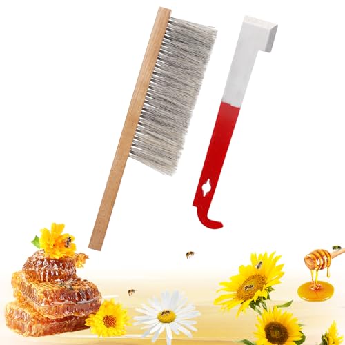 Acostop Bee Hive Tool for Beekeeping - Stainless Steel J Hook & Natural Horsehair Bee Brush, Beehive Brush Bee Frame Lifter and Scraper Bee Keeping Starter Kit for Beekeepers