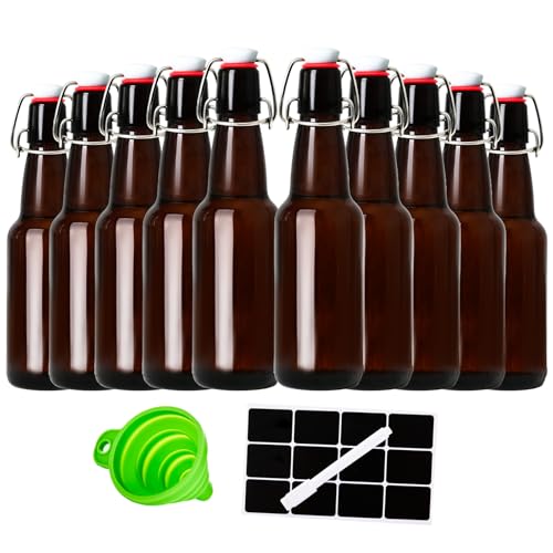 12oz Amber Glass Beer Bottles with Flip Top Airtight Lids, 10 Pack Swinging Top Home Brewing Bottles for Kombucha, Vanilla Extract, Kefir, Juice, Wine, Fermentation