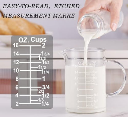 Ackers Etched Graduated Glass Measuring Cup - [Insulated Handle | V-Shaped Spout] - High Borosilicate Glass Measuring Cup for Kitchen or Dining, Easy to Read, 500 ML (16 Oz, 2 Cup) - size: 500 ML (16 Oz, 2 Cup) - Etched Graduated