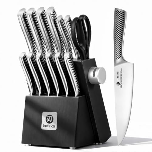 imarku 14-Piece Japanese Gyutou Stainless Steel Knife Set with Block | 15° Precision Edge | 56±2 HRC Hardness | Full-Tang Build for Perfect Balance | Built-in Sharpener for Easy Maintenance - color: Pure Black