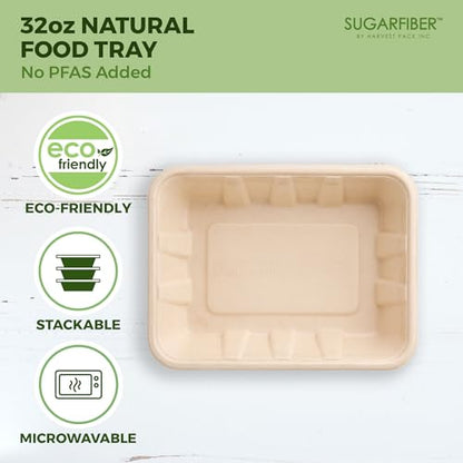 [100 COUNT]Harvest Pack 32 oz Compostable Food Trays, 8.49" x 6.45" x 1.86" Disposable PFAS FREE Food Container, Bagasse Rectangle Paper Plates, Sugarcane Eco-Friendly Plant Fibers, No Lids included