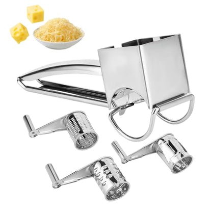 Stainless Steel Single Drum Rotary Cheese Grater, Multipurpose Rotary Cheese Grater with 3 Different Rotatable Drums for Parmesan, Mozzerella, Vegetables and More