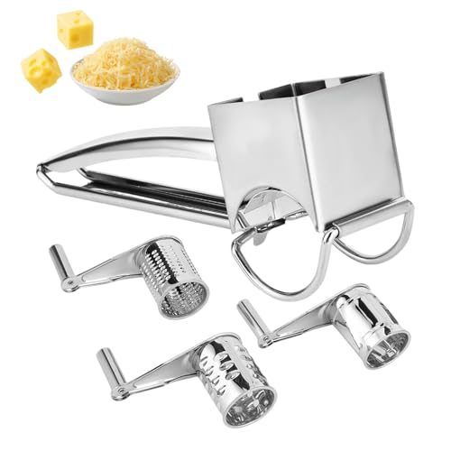 Stainless Steel Single Drum Rotary Cheese Grater, Multipurpose Rotary Cheese Grater with 3 Different Rotatable Drums for Parmesan, Mozzerella, Vegetables and More