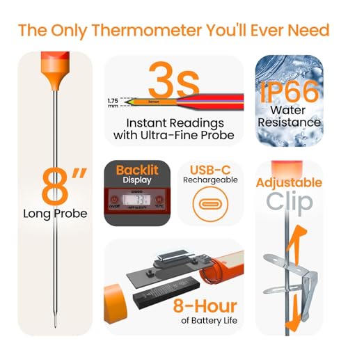 Candy & Meat Thermometer with Type-C Rechargeable Digital Instant Reading for Candy Making, BBQ, Deep Frying, & Liquids, 8" Long Probe,CT180-L
