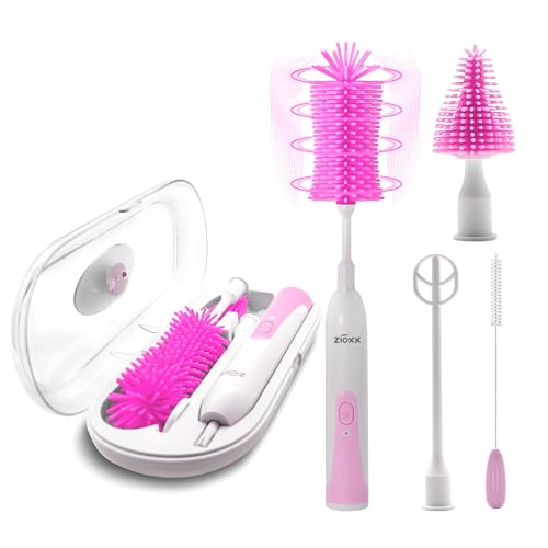 Electric Bottle Brush Cleaner New Upgrade, Portable Electric Baby Bottle Brush Cleaner for Travel, Travel Bottle Cleaner Kit with Nipple & Straw Brush, Perfect Mom Essentials After Birth Gift, Pink - color: Pink, size: Flat Model for Travel Use