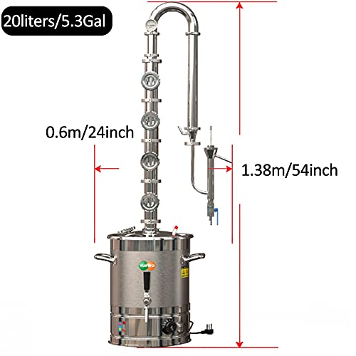 YUEWO 110V Electric 304 Stainless Steel Alcohol Distiller Flute Reflux Column Still with Sight Glasses Wine Making Kit for DIY Whisky Wine Brandy Gin - size: 20Liters/5Gal