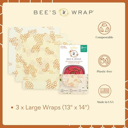 Bee's Wrap Beeswax Wraps for Food - 3 Pack of Large Beeswax Wraps - Plastic Free Made in USA Reusable Natural Food Wrap - Honeycomb Print - style: Honeycomb Large 3 Pack