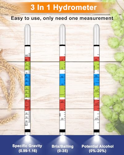 Kosoeur Triple Scale Hydrometer, Alcohol Hydrometer for Wine, Mead, Kombucha & Beer, Mead Making Kit, (ABV Tester, Brix, Specific Gravity Hydrometer), Hydrometer Alcohol Kit for Wine Brewing Supplies