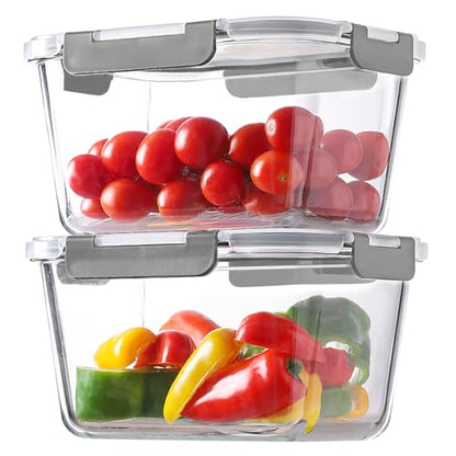 HOMBERKING 4 Pieces 63oz/8cup Large Glass Food Storage Containers with Lids, Meal Prep Containers, Airtight Bento Boxes with Leak Proof Locking (2 Containers 2 Lids), Microwave,Oven,Fridge Safe-Grey - color: Grey, size: 2 Sets