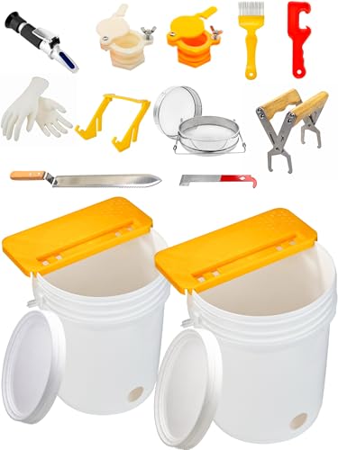 15PCS Honey Extractor Kit, 2 Pack 5 Gallon Honey Bucket with Gate | 58-90% Refractometer, Honey Strainer, Beekeeping Harvesting Equipment With Hive Tool, Frame Gripper, Uncapping Knife & Gloves - size: 2 Buckets