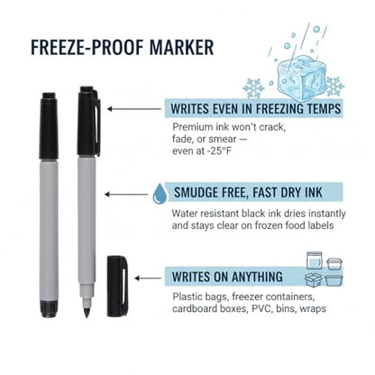 Cadie Permanent Freezer Marker Set of 2 – Waterproof Fast-Drying Black Fine Bullet Tip Ink Pens for Food Labeling, Fridge & Freezer Storage, Lab & Kitchen Use, & General Organization - style: 2 Pack