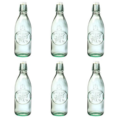 10 Strawberry Street Glass Water Bottles with Swing Top Lid, 34 oz Clear Embossed Bottle, Hermetic Airtight Seal, Made in Italy, Set of 6