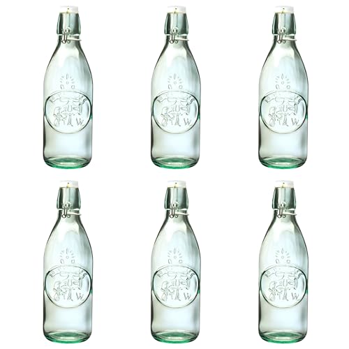 10 Strawberry Street Glass Water Bottles with Swing Top Lid, 34 oz Clear Embossed Bottle, Hermetic Airtight Seal, Made in Italy, Set of 6