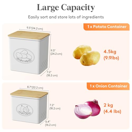 Lifewit Plastic Potato and Onion Storage Bin, Stackable Garlic Keeper with Aerating Holes and Lid, Vegetable Container Box for Pantry Countertop, White, 24 x 18 x 24 cm/9.5 x 7 x 9.5 inch, Set of 2 - color: White