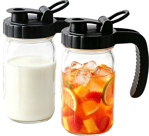 Mason Jar Pitcher 32 Oz Glass Breast Milk Pitcher With Spout Lid 1 Quart Wide Mouth Fridge Cold Hot Water Jug Airtight Small Creamer Pitchers For Iced Sun Tea Coffee Juice Beverage Heavy Duty - color: 32 OZ 2PC
