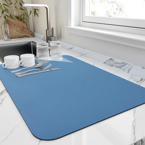 HotLive Dish Drying Mat for Kitchen Counter, Heat Resistant Drainer Mats with Non-slip Rubber Backed, Hide Stain Kitchen Super Absorbent Draining Mat, Easy to Clean Dish Rack Pad, Blue 18"x32" - color: Blue, size: 18" x 32"