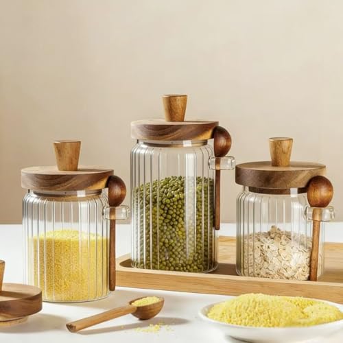 ANSQU Glass Jar with Wooden Lid & Spoon, 20.3oz Food Storage Containers Coffee Jar Coffee Grounds Container, Coffee Canister holds up to 7.4oz Coffee Beans (2 Pack) - size: 20.3oz-2pack-stripe