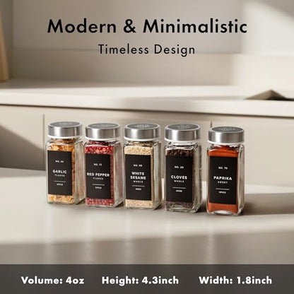 EDELHAUS Glass Spice Jars with Label, 24x Stainless Steel Lids | Airtight lids keep spices fresh; use as a spice organizer, seasoning containers or 4 oz jar set; funnel, brush & 240 labels - color: Stainless Steel Lid
