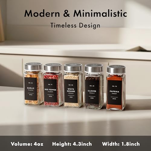 EDELHAUS Glass Spice Jars with Label, 24x Stainless Steel Lids | Airtight Lids keep spices fresh, Kitchen Spice Drawer Organizer, 4oz Seasoning Containers incl. Funnel, Brush & 240 Labels - color: Stainless Steel Lid