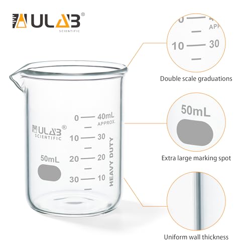 ULAB Glass Beakers Shot Glass, Vol. 50ml, 3.3 Borosilicate Griffin Low form with Printed Graduation, Pack of 4, UBG1019 - style: Vol.50ml, Pack of 4