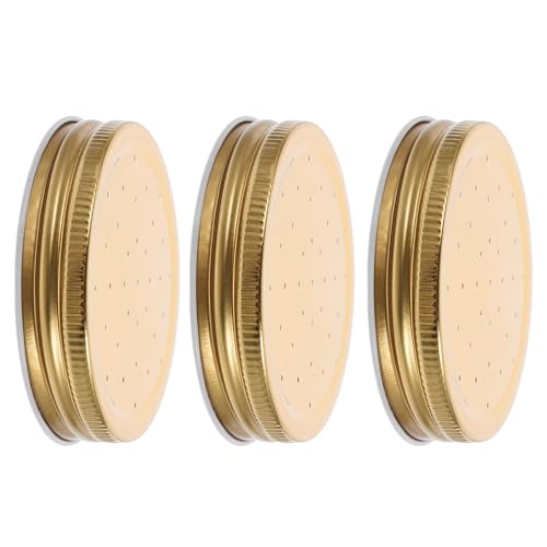 FRCOLOR 3pcs Bee Top Feeder Set, Metal Replacement Bee Entrance Feeders Perforated Golden Mason Jar Lids, Wide Range Compatibility and Ease of Use for Beekeeping and Beehive Watering