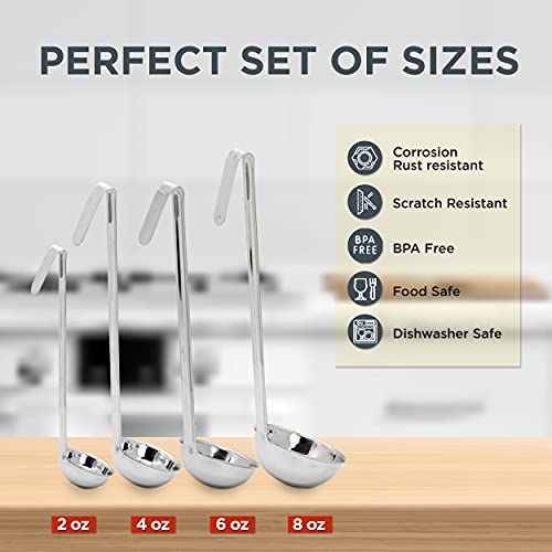 Fit Meal Prep Stainless Steel Soup Ladle One-Piece Sauce Spatula with Hook Handles, Commercial Grade Serving Spoon, Kitchen Tool for Restaurant or Home Cooking [Pack of 4] - 2oz, 4oz, 6oz, 8oz - size: 2oz 4oz 6oz 8oz