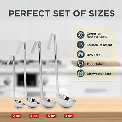 Fit Meal Prep Stainless Steel Soup Ladle One-Piece Sauce Spatula with Hook Handles, Commercial Grade Serving Spoon, Kitchen Tool for Restaurant or Home Cooking [Pack of 4] - 2oz, 4oz, 6oz, 8oz - size: 2oz 4oz 6oz 8oz