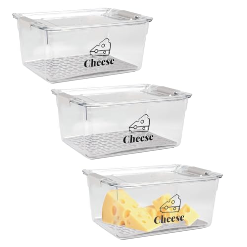 3 Pack Cheese Container Airtight with Draining Basket Cream Block Cheese Sliced Cheeses Box with Lid Saver for Fridge Deli Meat Storage Box,Cheeses Sliced,Grated,Cheddar Keeper - color: Clear - 3 Pack