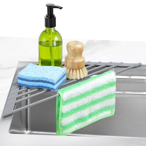 Ohuhu Triangle Roll Up Dish Drying Rack, Silicone Wrapped Steel Anti-Slip Sink Corner Rack Caddy Multipurpose Strainer for Kitchen Sink Trivet Space-Saving - color: Gray, size: 16.9" x 9.8" x 3.5"