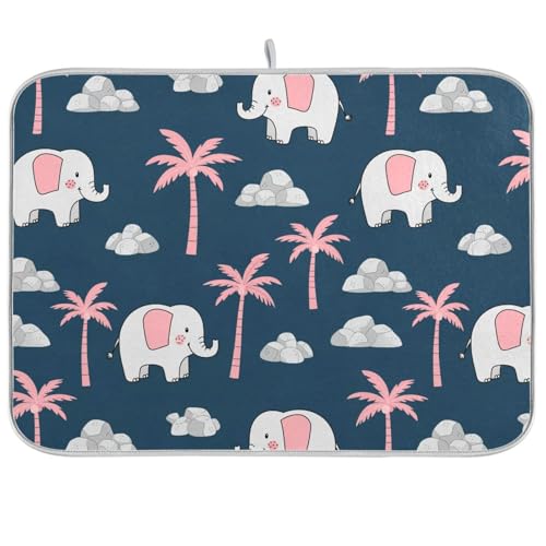 Elephant Coconut Tree Dish Drying Mat for Kitchen Counter Super Absorbent Draining Mat with Non-slip Backed Dish Drying Pad for Dish Bottles Cups Bowl Draining Racks Countertops Sinks