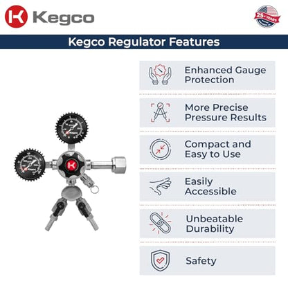 Kegco Elite Series Dual Gauge CO2 Draft Beer Regulator, 2 Product, Chrome