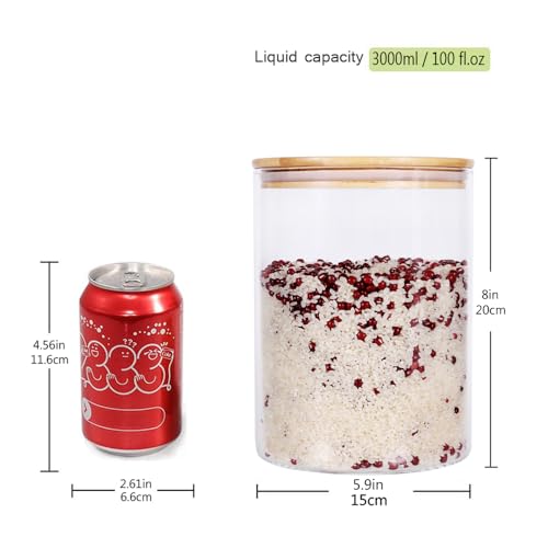 Set of 2 Large Glass Food Storage jar, 100 FL OZ (3000ml) Glass Flour Canister with Airtight Bamboo Lids for Kitchen Corner, BPA-Free Flour Container for Sugar, Ground Coffee, Rice and Dry Food